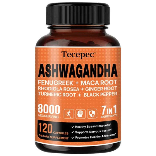 Tecepec Organic Ashwagandha Extract supplement bottle with 120 capsules supporting brain, nervous system, stress relief, and energy.