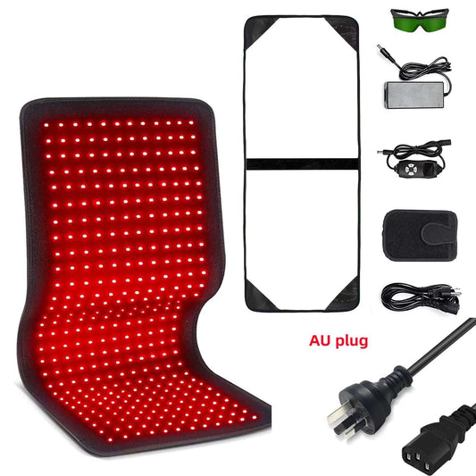 Red and infrared therapy belt with LED lights, large wearable wrap for body, muscle and joint relief, includes power adapter, controller, goggles, and protective film, AU plug.