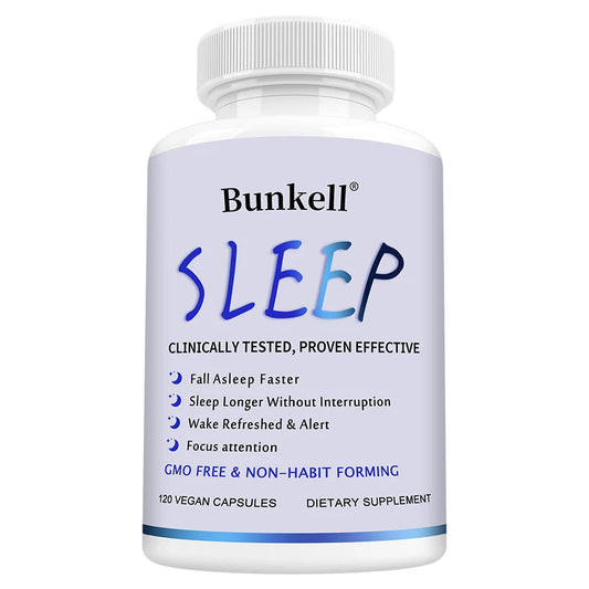 Bottle of Bunkell Sleep Supplement with magnesium blend to support brain, sleep, focus, and cognition, containing 120 vegan capsules.