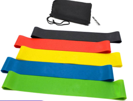 Set of five colorful Yoga Fitness Rally resistance bands with a black carrying pouch, made of durable latex for multi-level strength training.