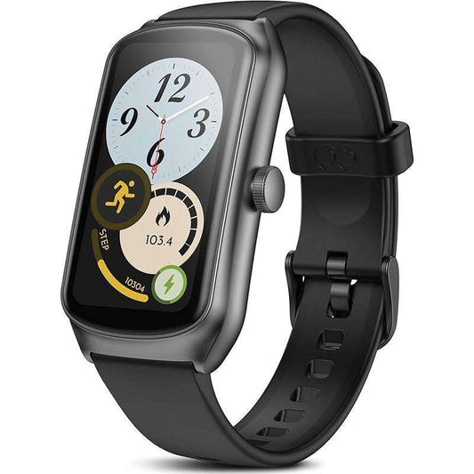 AMOLED unisex fitness tracking smartwatch with black strap, heart rate, blood oxygen, sleep monitoring, and waterproof design.