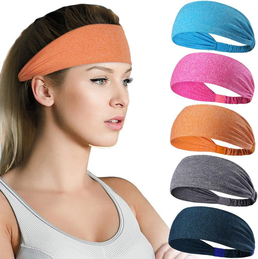 Set of 5 unisex sports fitness headbands in blue, pink, orange, gray, and navy colors worn by a woman