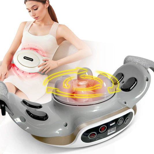 Automatic abdominal massager with deep tissue shiatsu massage, wireless rechargeable, and heat function for waist, back, neck, and legs pain relief.