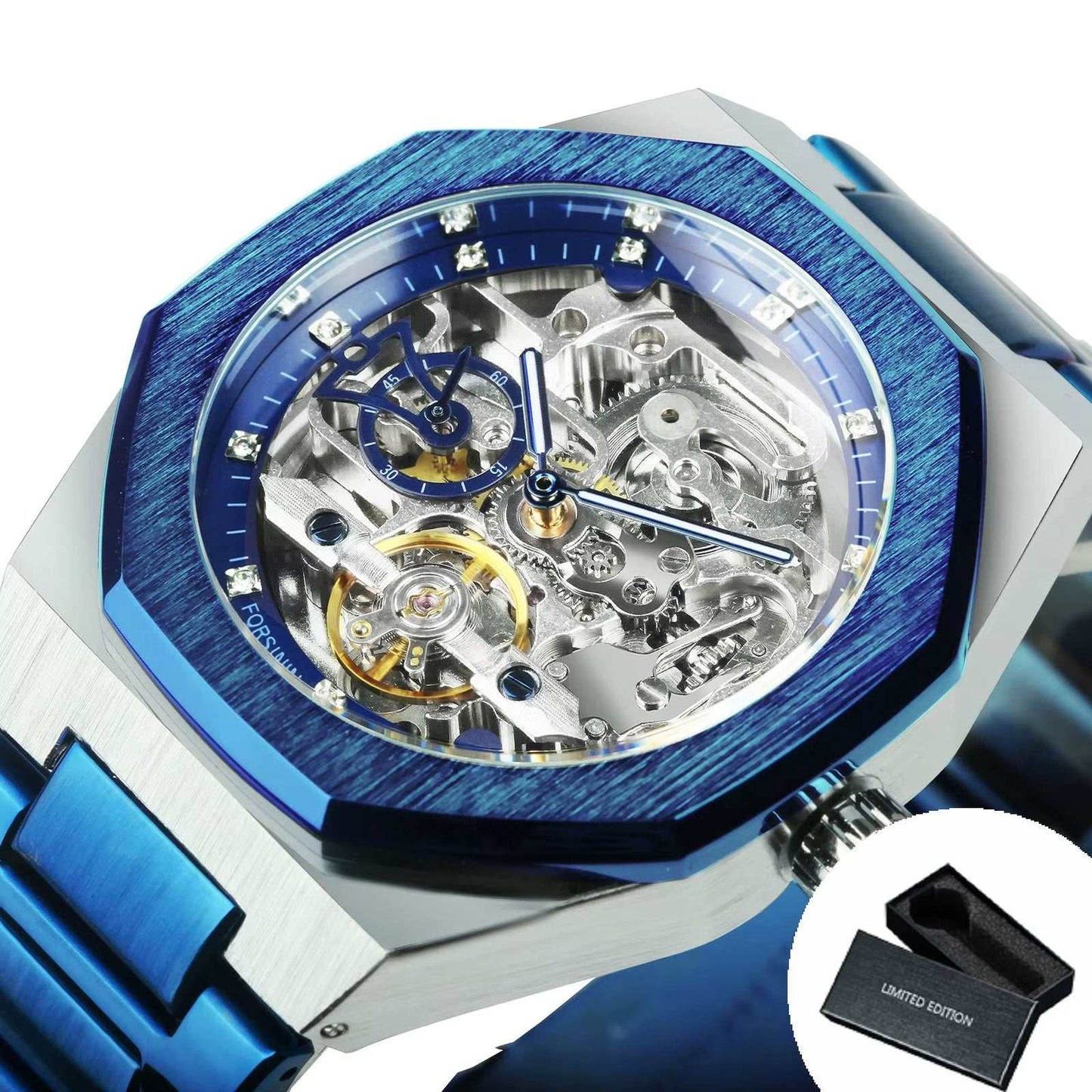Silver Automatic Watch Men 3D Diamond Dial Irregular Tourbillon Skeleton Mechanical Wristwatches Luminous Hands Clock