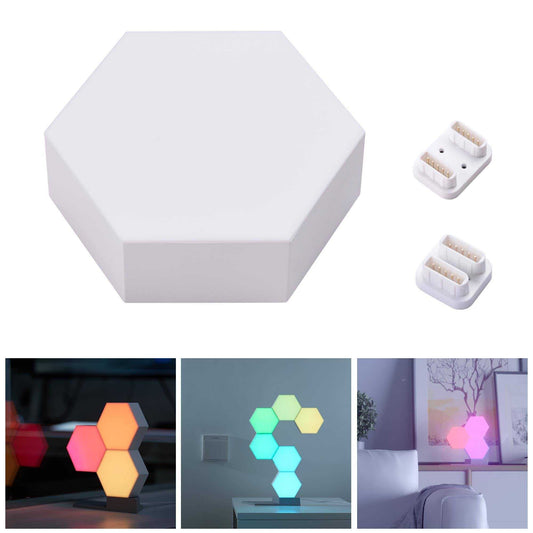 Hexagon-shaped LED Smart Light with color-changing feature, touch sensor, app control, and connectors for creating customizable light patterns.