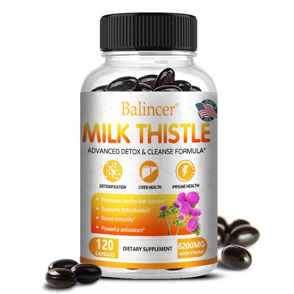 Milk Thistle Extract supplement bottle with 6200mg capsules for liver detox, immune support, and antioxidant health