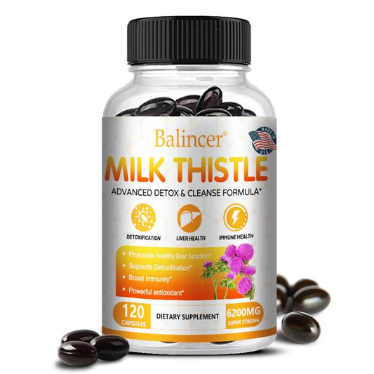 Milk Thistle Extract supplement bottle with 6200mg capsules for liver detox, immune support, and antioxidant health